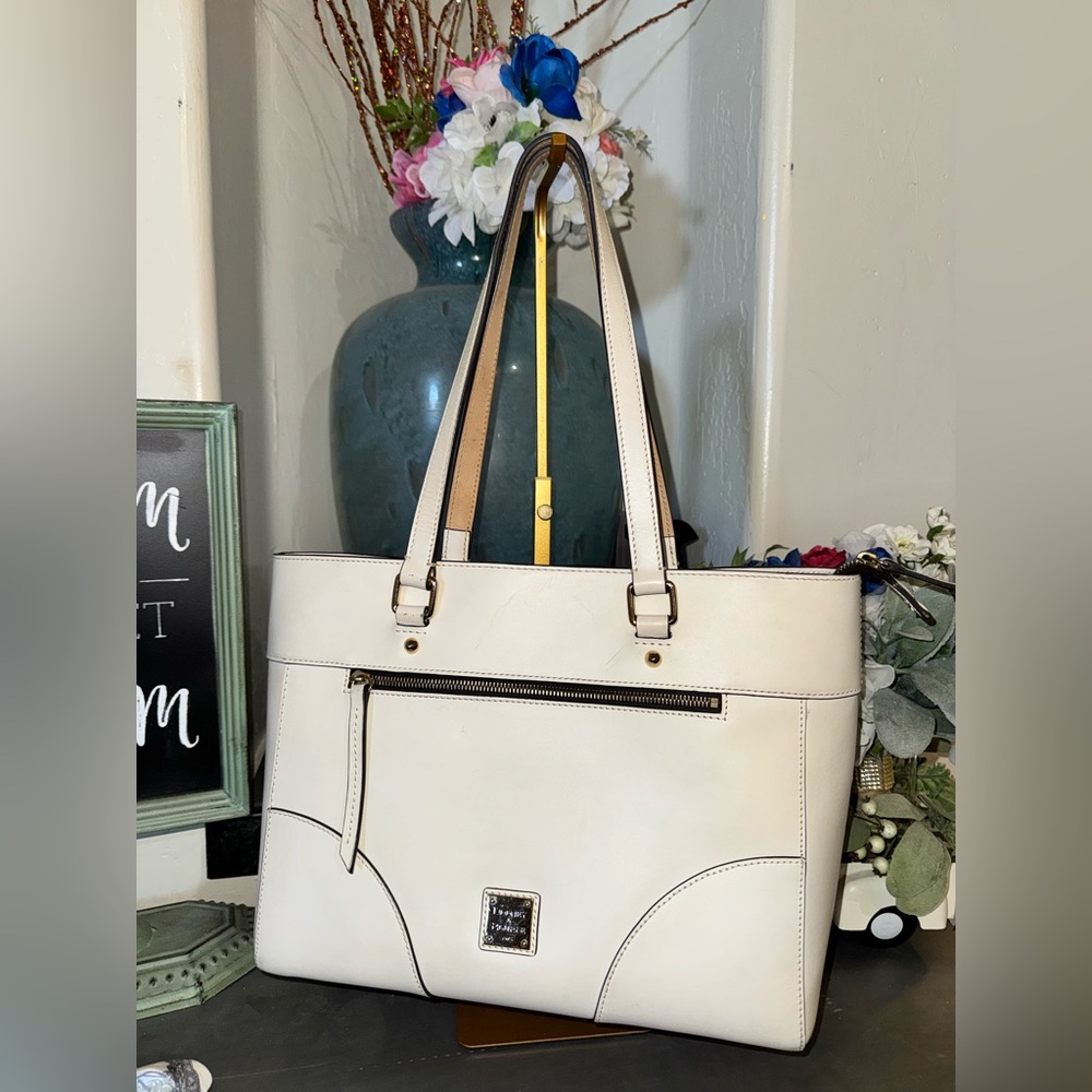 Dooney and Bourke Leather Bone Tote Bag, Gold hardware & blue  accent scarf - Picture 3 of 16
